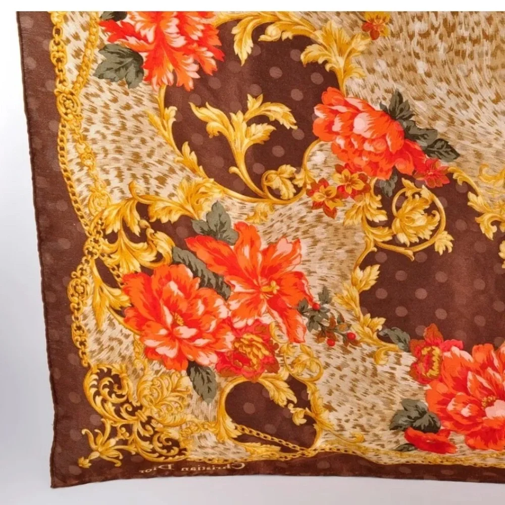 Christian Dior Flower Multicolor Scarf Silk 100% Used Authentic with tag 34 X 34